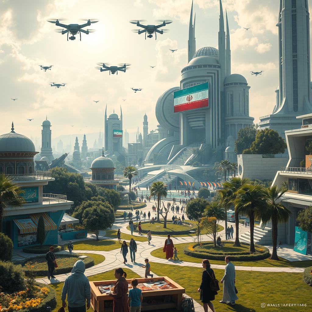 A futuristic vision of Iran in the year 2500, showcasing advanced technology, sprawling futuristic cities with flying vehicles, traditional Persian architectural elements integrated with ultra-modern designs, lush green spaces, and people wearing high-tech clothing