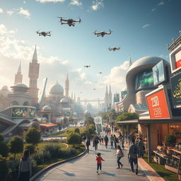 A futuristic vision of Iran in the year 2500, showcasing advanced technology, sprawling futuristic cities with flying vehicles, traditional Persian architectural elements integrated with ultra-modern designs, lush green spaces, and people wearing high-tech clothing