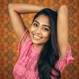 A young woman of South Asian descent, approximately 25 years old, with long dark hair and a natural makeup look