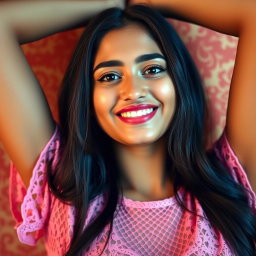 A young woman of South Asian descent, approximately 25 years old, with long dark hair and a natural makeup look