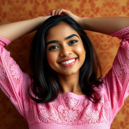 A young woman of South Asian descent, approximately 25 years old, with long dark hair and a natural makeup look