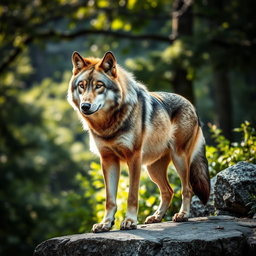 A stunning, raw photograph of a majestic wolf in its natural habitat, showcasing its fierce expression and elegant posture