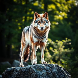 A stunning, raw photograph of a majestic wolf in its natural habitat, showcasing its fierce expression and elegant posture