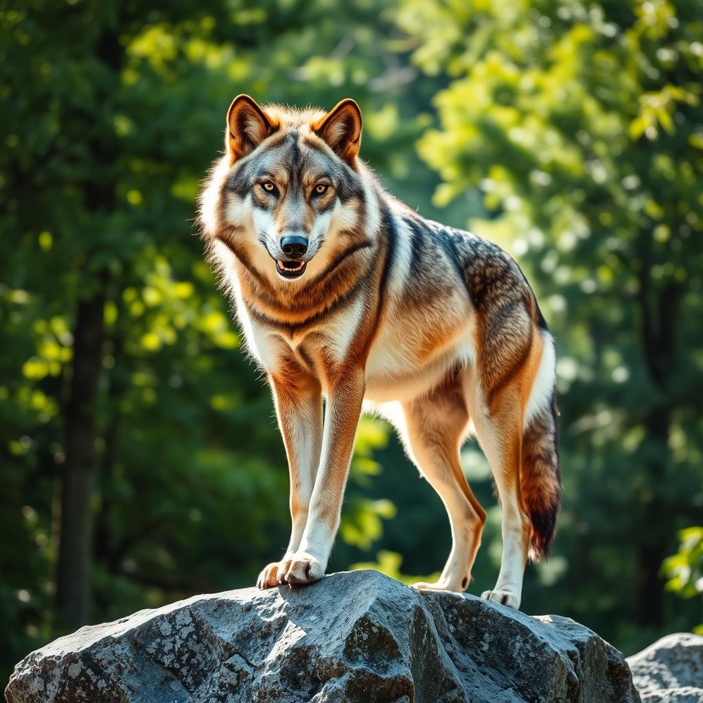 A stunning, raw photograph of a majestic wolf in its natural habitat, showcasing its fierce expression and elegant posture