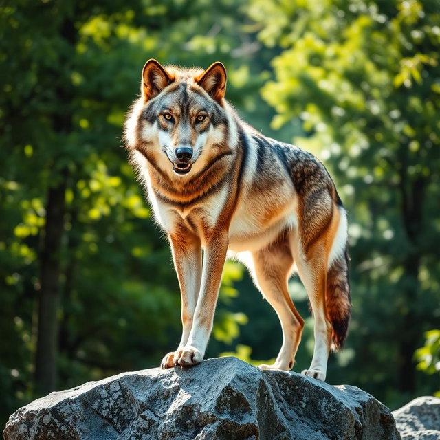 A stunning, raw photograph of a majestic wolf in its natural habitat, showcasing its fierce expression and elegant posture