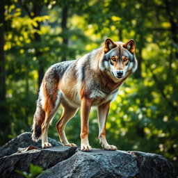 A stunning, raw photograph of a majestic wolf in its natural habitat, showcasing its fierce expression and elegant posture