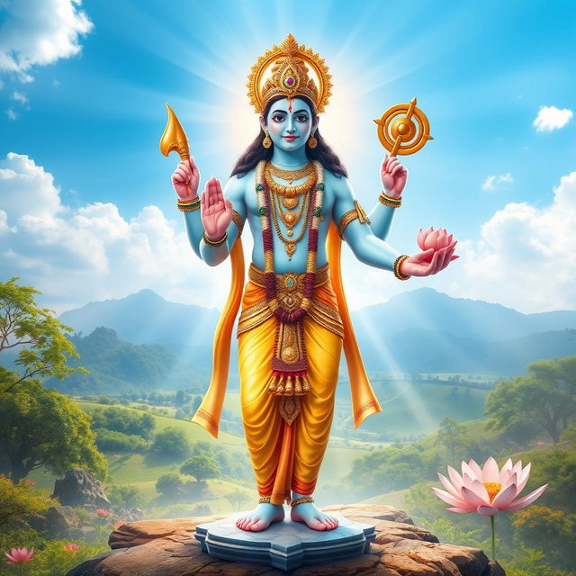 An artistic depiction of Lord Vishnu standing gracefully, with a serene expression, embodying peace and divinity