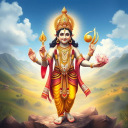 An artistic depiction of Lord Vishnu standing gracefully, with a serene expression, embodying peace and divinity