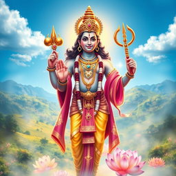 An artistic depiction of Lord Vishnu standing gracefully, with a serene expression, embodying peace and divinity