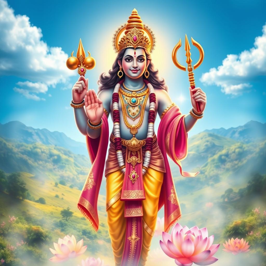 An artistic depiction of Lord Vishnu standing gracefully, with a serene expression, embodying peace and divinity
