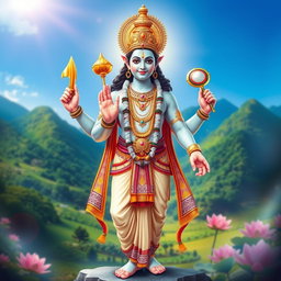 An artistic depiction of Lord Vishnu standing gracefully, with a serene expression, embodying peace and divinity
