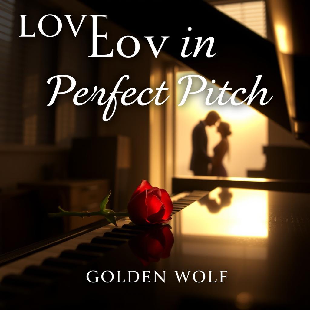 A romantic book cover titled 'Love in Perfect Pitch', featuring the author's name 'Golden Wolf'