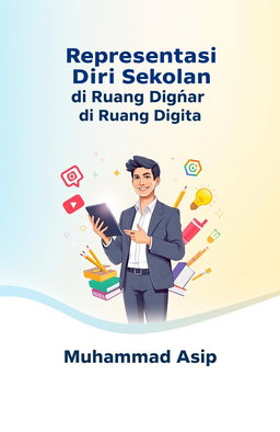 A vibrant book cover design for 'Representasi Diri Guru Sekolah Dasar di Ruang Digital' by Muhammad Asip