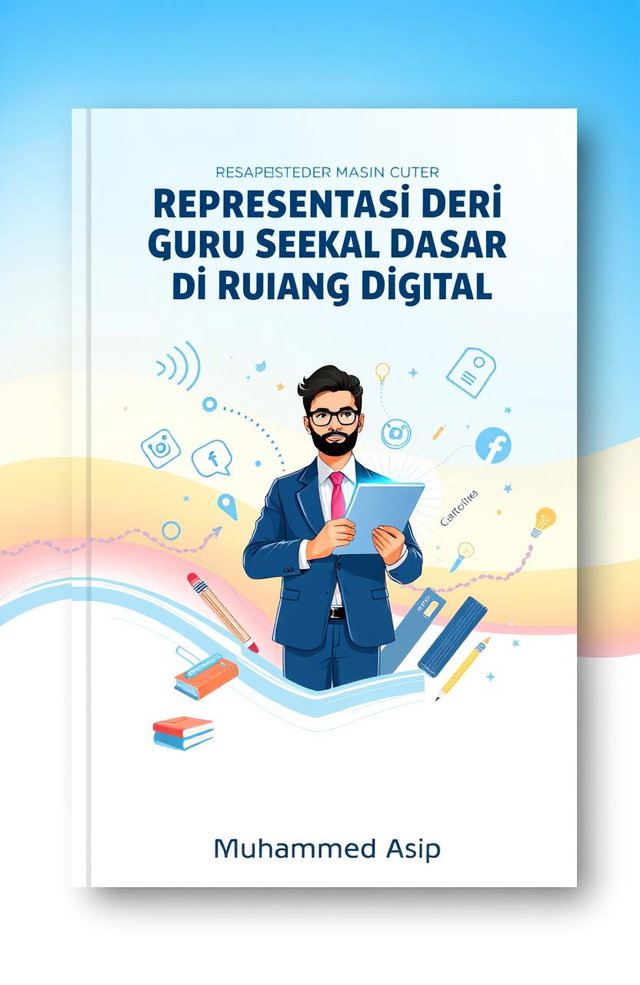 A vibrant book cover design for 'Representasi Diri Guru Sekolah Dasar di Ruang Digital' by Muhammad Asip