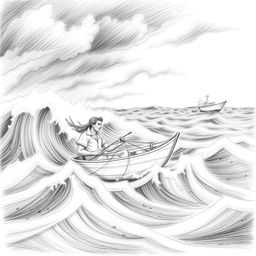 A pencil illustration depicting a solitary sailor in a delicate, fragile boat, fiercely battling against a stormy sea