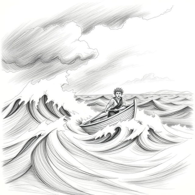 A pencil illustration depicting a solitary sailor in a delicate, fragile boat, fiercely battling against a stormy sea