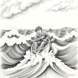 A pencil illustration depicting a solitary sailor in a delicate, fragile boat, fiercely battling against a stormy sea