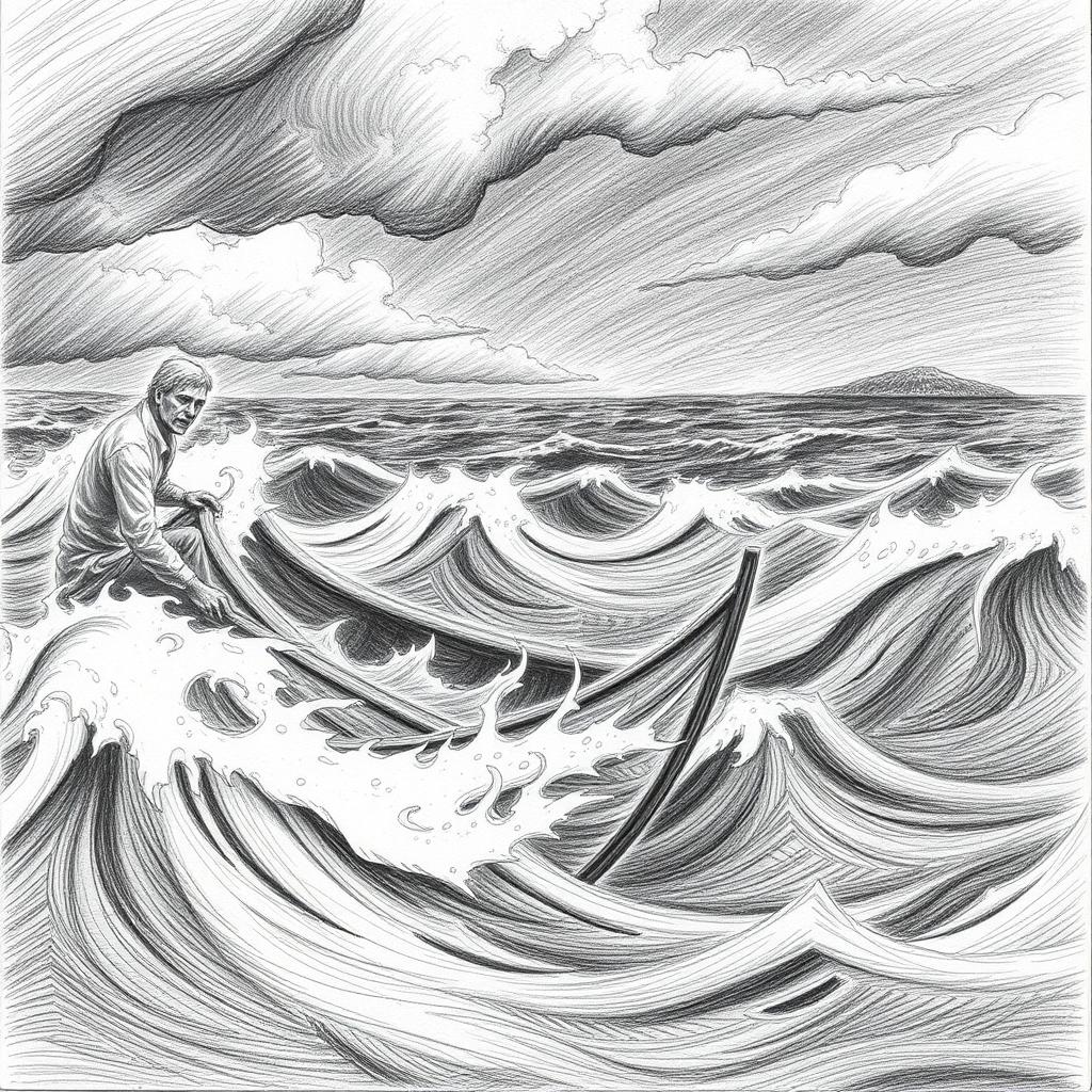 A pencil illustration depicting a solitary sailor in a delicate, fragile boat, fiercely battling against a stormy sea