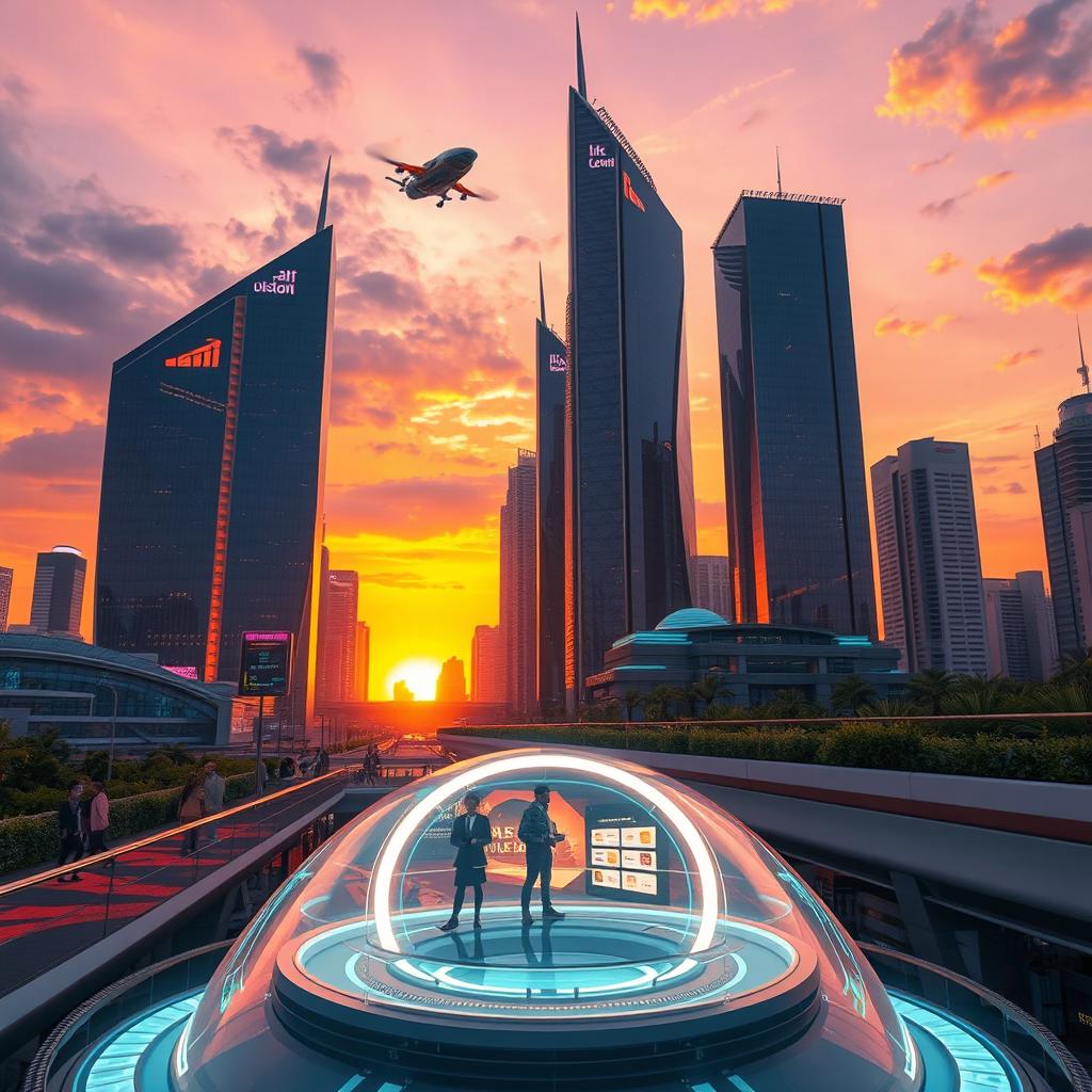 A futuristic city skyline at sunset, with sleek, high-tech buildings featuring luminous neon lights and flying vehicles darting between them