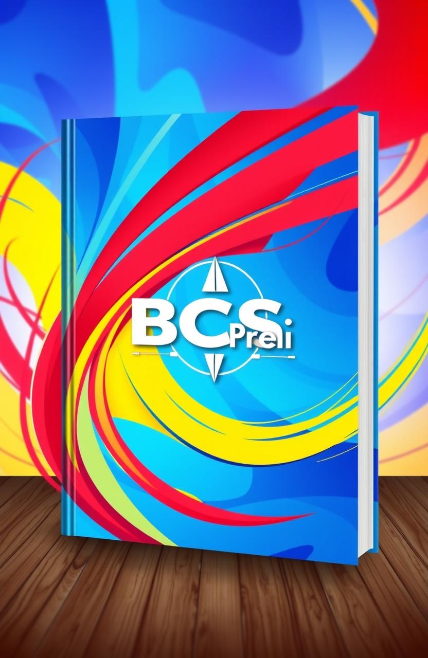 A unique and eye-catching book cover design for a BCS Preli book, featuring abstract shapes and vibrant colors that convey a sense of dynamism and excitement