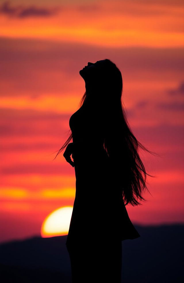 A beautiful silhouette of a woman with long flowing hair, standing elegantly while looking up towards the sky