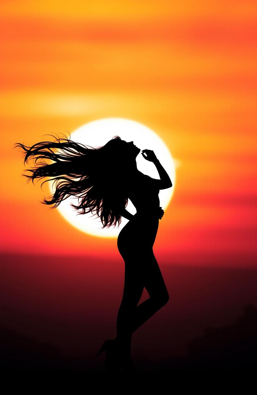 A beautiful silhouette of a woman with long flowing hair, standing elegantly while looking up towards the sky