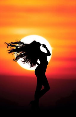 A beautiful silhouette of a woman with long flowing hair, standing elegantly while looking up towards the sky