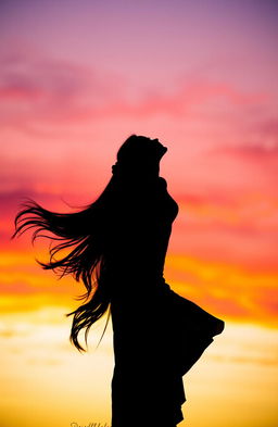 A beautiful silhouette of a woman with long flowing hair, standing elegantly while looking up towards the sky