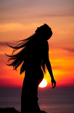 A beautiful silhouette of a woman with long flowing hair, standing elegantly while looking up towards the sky