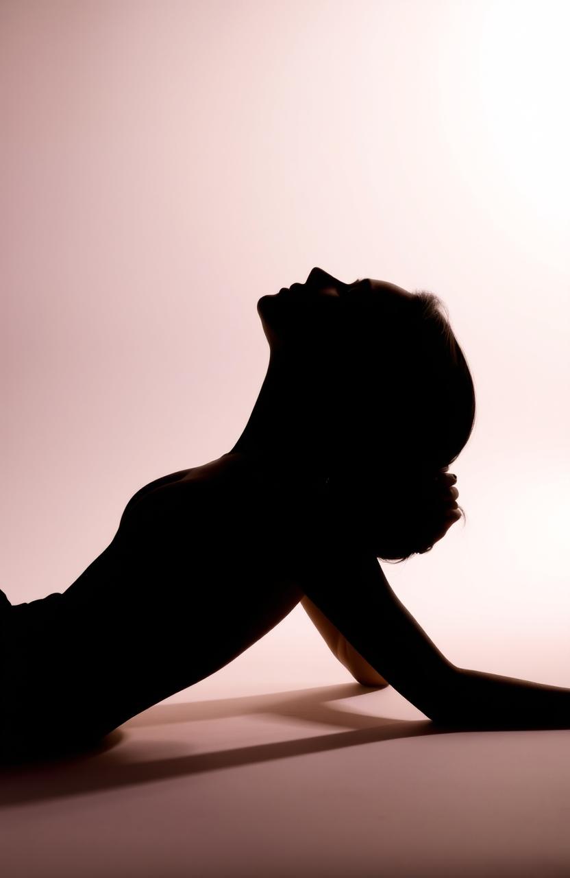 A silhouette of a woman lying on her side, with her head tilted back and looking upwards, showcasing an elegant pose