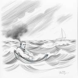 A pencil illustration depicting a solitary sailor in a fragile boat, valiantly battling a stormy sea