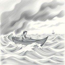 A pencil illustration depicting a solitary sailor in a fragile boat, valiantly battling a stormy sea