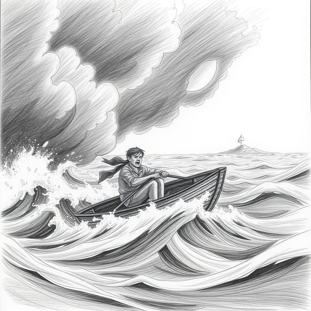 A pencil illustration depicting a solitary sailor in a fragile boat, valiantly battling a stormy sea