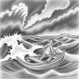 A pencil illustration depicting a solitary sailor in a fragile boat, valiantly battling a stormy sea