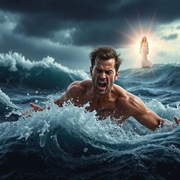 A dramatic scene of a man struggling in the middle of a tempestuous sea, fighting against powerful waves and dark storm clouds, his expression showing despair and the fight for survival