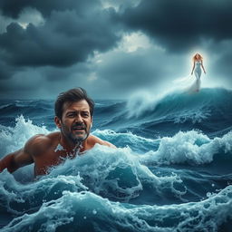 A dramatic scene of a man struggling in the middle of a tempestuous sea, fighting against powerful waves and dark storm clouds, his expression showing despair and the fight for survival