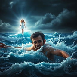 A dramatic scene of a man struggling in the middle of a tempestuous sea, fighting against powerful waves and dark storm clouds, his expression showing despair and the fight for survival