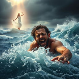A dramatic scene of a man struggling in the middle of a tempestuous sea, fighting against powerful waves and dark storm clouds, his expression showing despair and the fight for survival