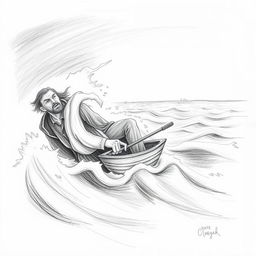 A pencil illustration featuring a solitary sailor in a fragile boat, valiantly battling a stormy sea