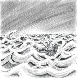 A pencil illustration featuring a solitary sailor in a fragile boat, valiantly battling a stormy sea