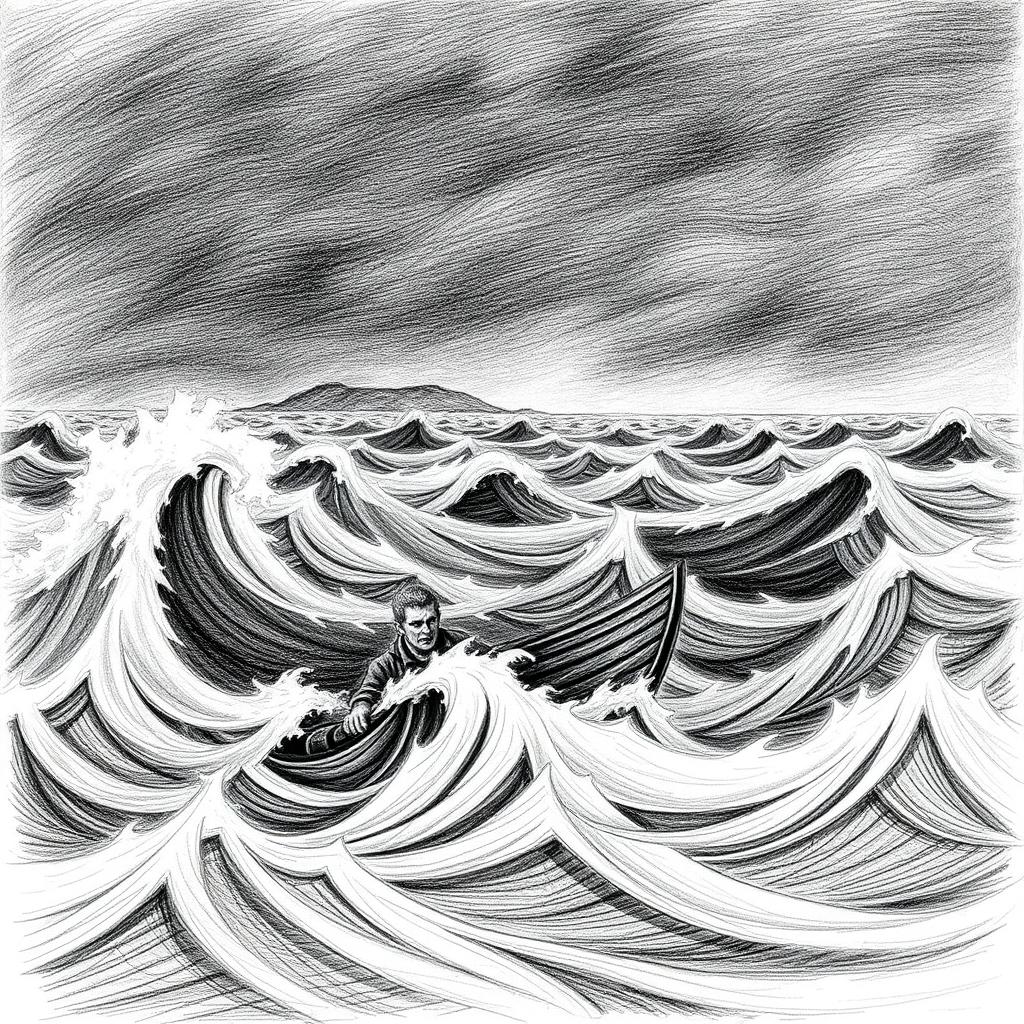 A pencil illustration featuring a solitary sailor in a fragile boat, valiantly battling a stormy sea
