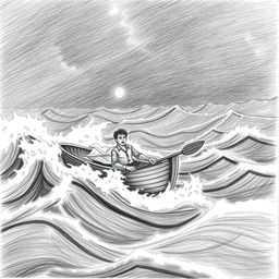 A pencil illustration featuring a solitary sailor in a fragile boat, valiantly battling a stormy sea