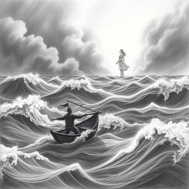 A pencil illustration depicting a solitary sailor in a fragile boat, battling against a stormy sea
