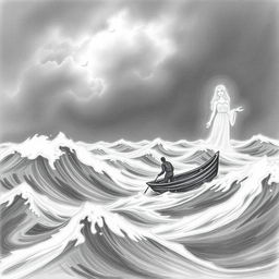 A pencil illustration depicting a solitary sailor in a fragile boat, battling against a stormy sea