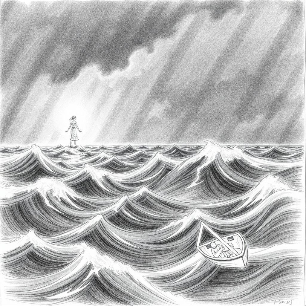 A pencil illustration depicting a solitary sailor in a fragile boat, battling against a stormy sea