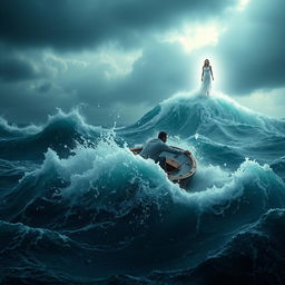 A harrowing scene featuring a man on a small boat battling a fierce storm at sea, with turbulent waves crashing around him and dark, ominous clouds filling the sky