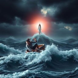 A harrowing scene featuring a man on a small boat battling a fierce storm at sea, with turbulent waves crashing around him and dark, ominous clouds filling the sky