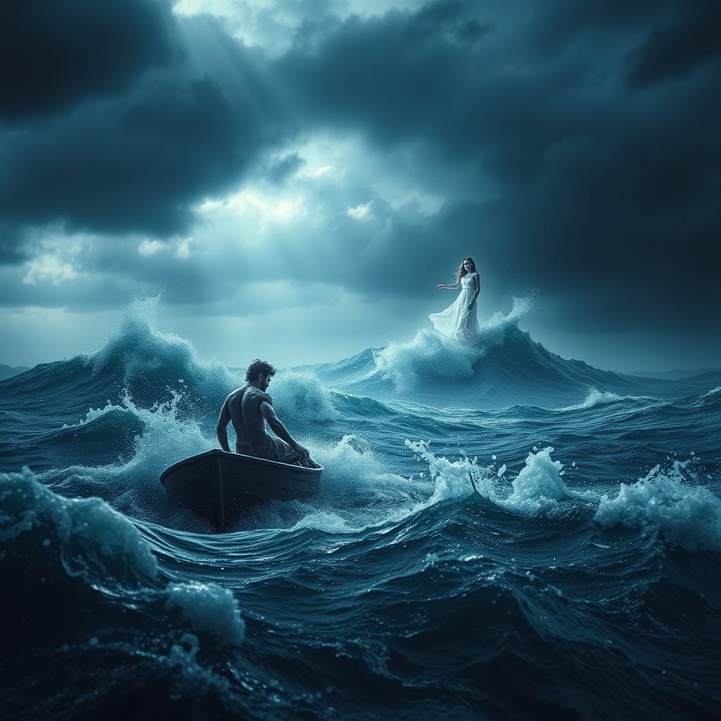 A harrowing scene featuring a man on a small boat battling a fierce storm at sea, with turbulent waves crashing around him and dark, ominous clouds filling the sky