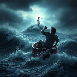 A harrowing scene featuring a man on a small boat battling a fierce storm at sea, with turbulent waves crashing around him and dark, ominous clouds filling the sky