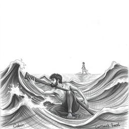 A pencil illustration of a solitary shipwrecked man desperately clinging to a piece of wood in the midst of a raging sea